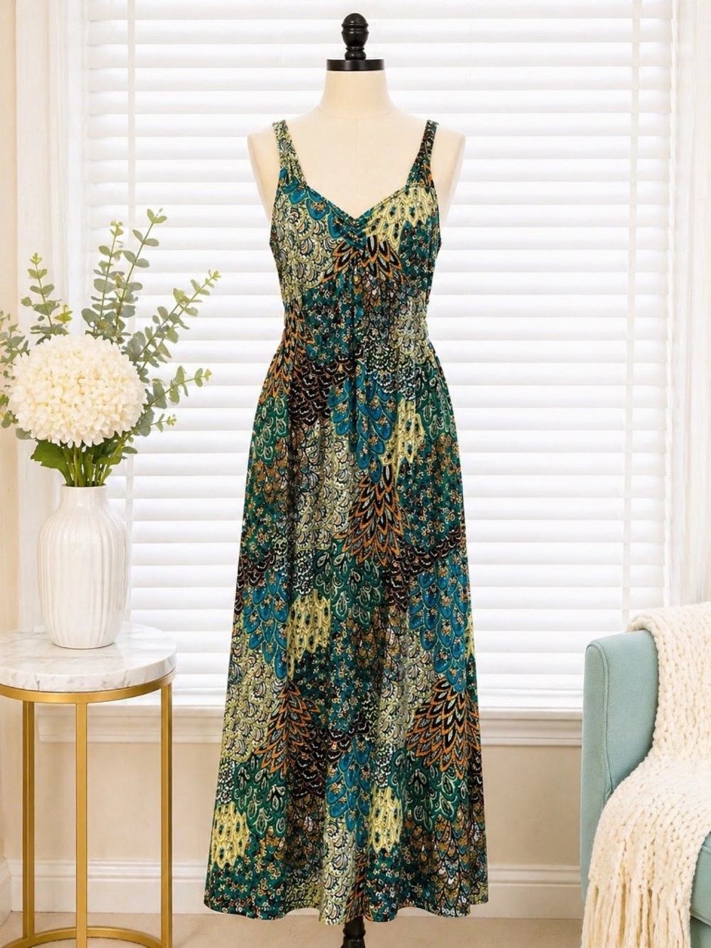 ELLEN PARKER Bohemian Teal Green Printed Maxi Dress